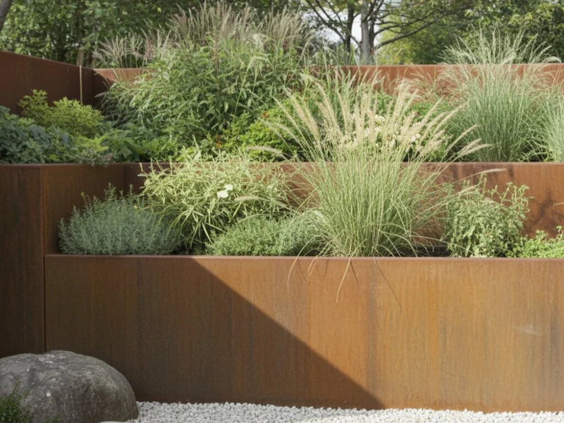 Stützmauer aus Cortenstahl mit Ziergräsern im terrassierten Gartenbeet