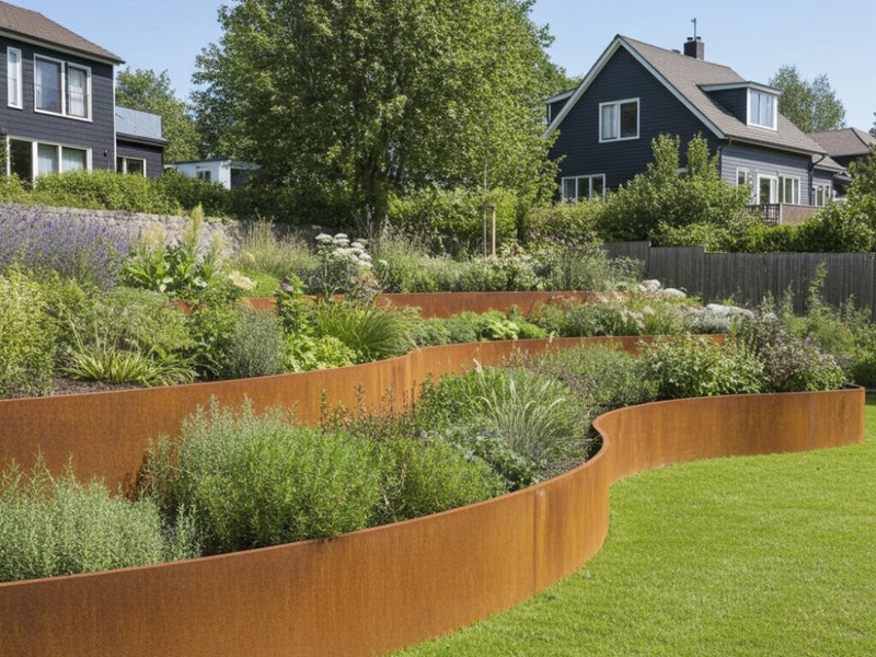 Gebogene Stützmauer aus Cortenstahl für Blumenbeet am Hang