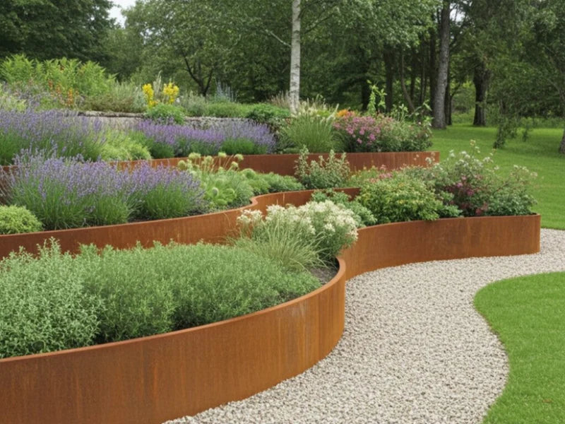 Organisch geformte Stützmauer aus Cortenstahl mit Stauden