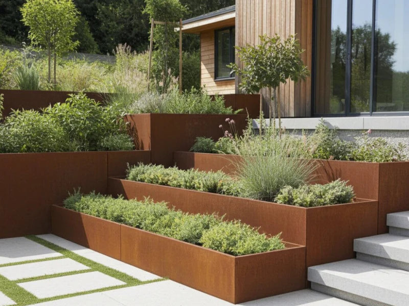 Terrassierte Stützmauer aus Cortenstahl bei modernem Holzhaus