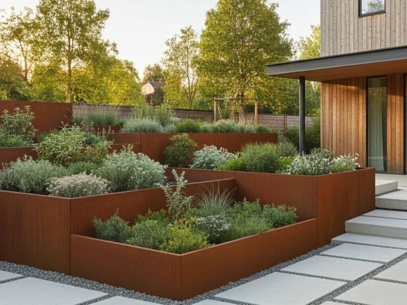 Stützmauer aus Cortenstahl für terrassierte Beete im Garten