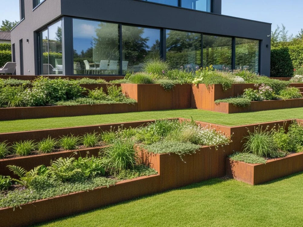 Stützmauer aus Cortenstahl für terrassierte Gärten