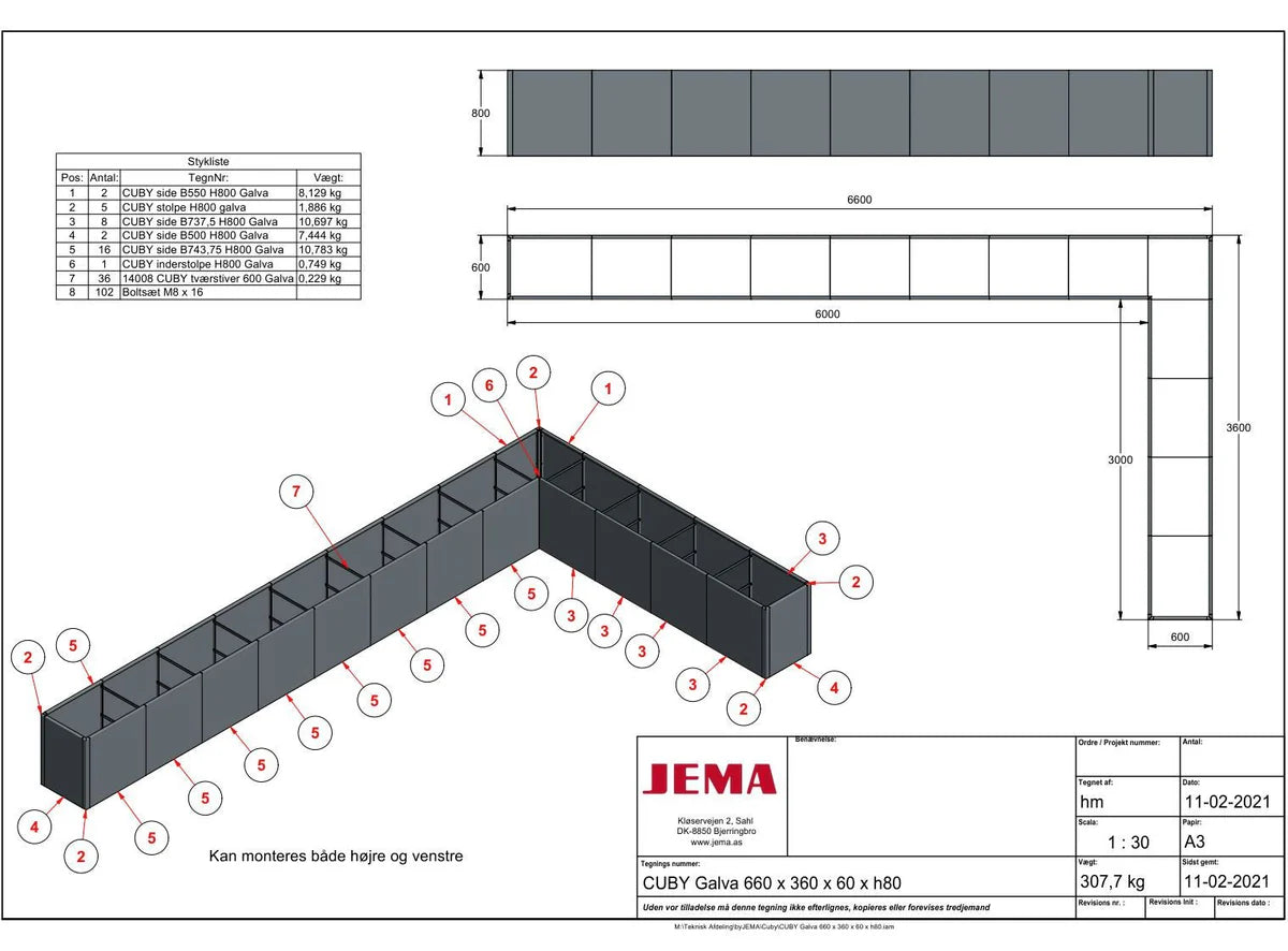 Technische Zeichnung eines großen U-förmigen Pflanzkübels aus verzinktem Stahl