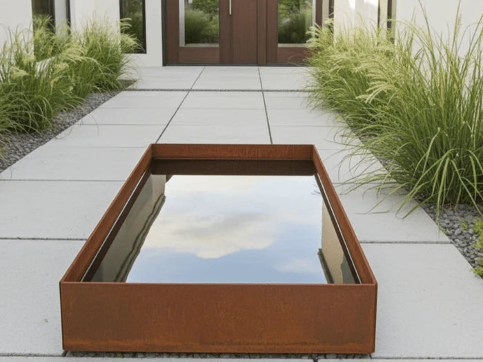 Rechteckiges Wasserbecken aus Cortenstahl im modernen Eingangsbereich