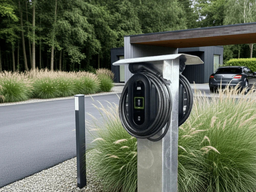 Verzinkte E-Ladestation aus Stahl neben modernem Wohnhaus mit Carport