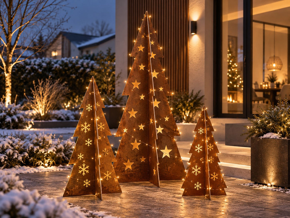 Corten steel Christmas tree – with stars and snowflakes (80 / 120 / 180 cm)