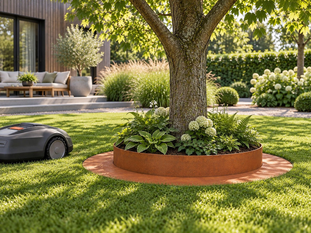 Robot mower edging ring – combined mowing strip and garden bed ring