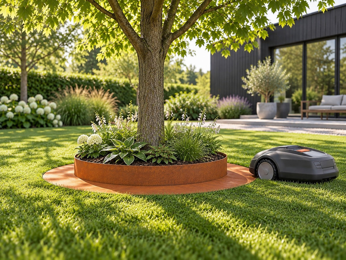 Robot mower edging ring – combined mowing strip and garden bed ring