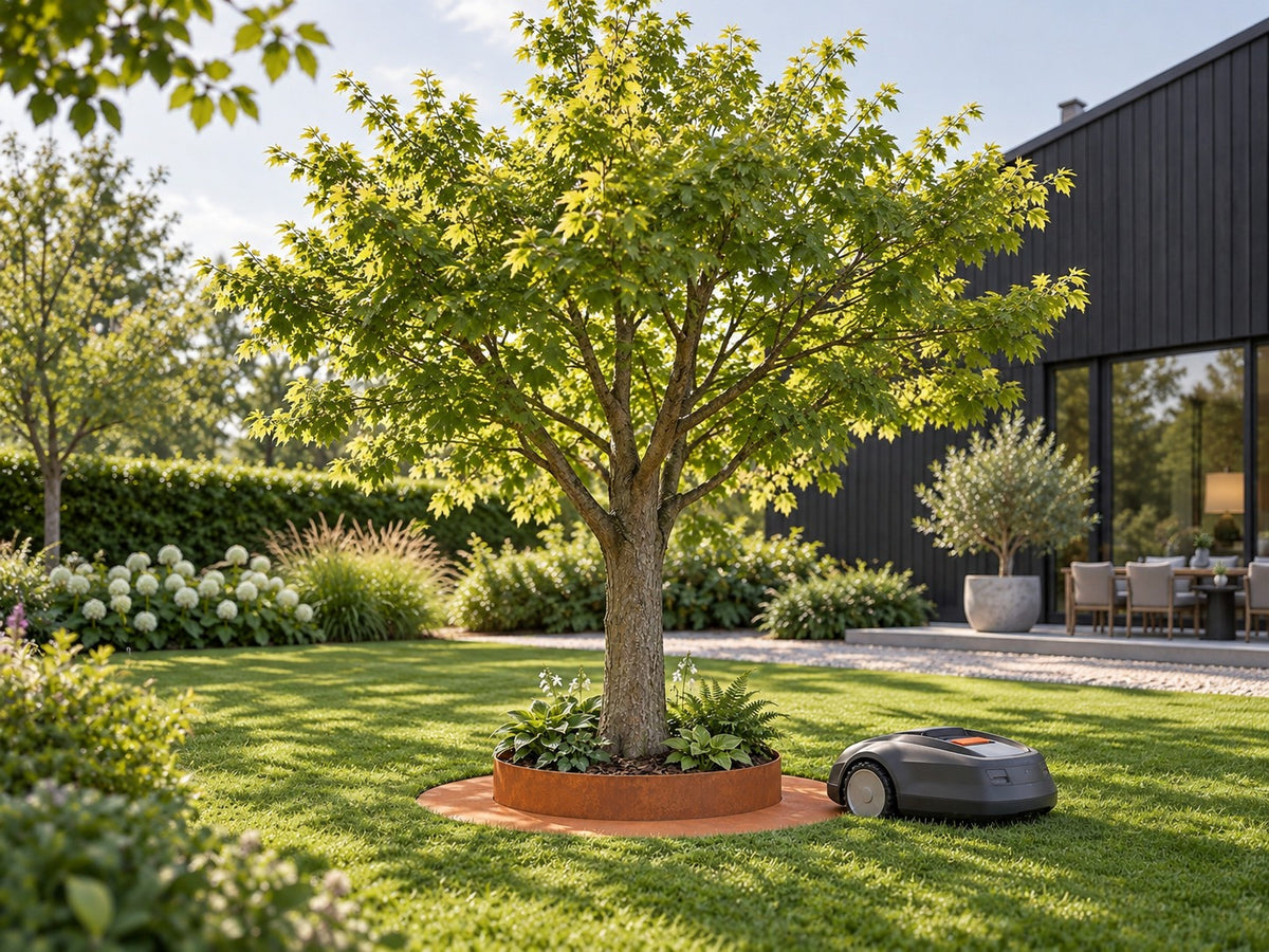 Robot mower edging ring – combined mowing strip and garden bed ring