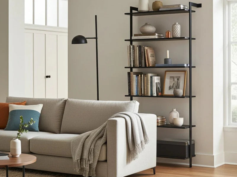 AXIS Regal aus schwarz lackiertem Stahl mit Büchern, Keramik und Dekorationen im Wohnbereich.