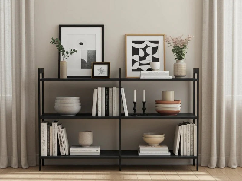 AXIS Regal aus schwarz lackiertem Stahl mit Büchern, Keramik und gerahmten Kunstmotiven.