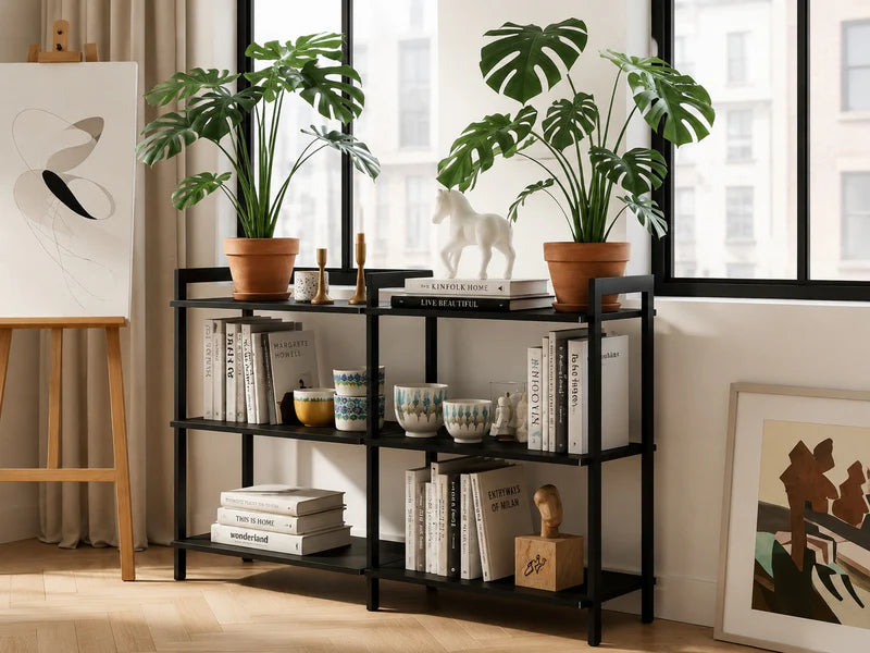 AXIS Regal aus schwarz lackiertem Stahl mit Zimmerpflanzen, Büchern und Wohnaccessoires.