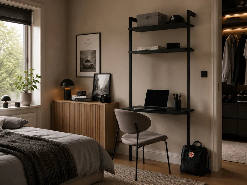 AXIS Schreibtischsystem aus schwarz lackiertem Stahl mit Laptop-Arbeitsplatz und Regalböden neben einem Bett.