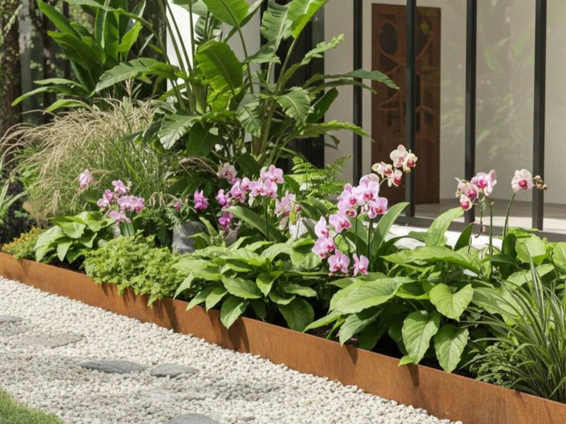 Beeteinfassung aus Cortenstahl mit tropischen Pflanzen entlang einer Terrasse