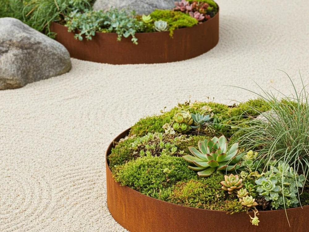 Runde Beeteinfassung aus Cortenstahl mit Sukkulenten in dekorativem Steingarten
