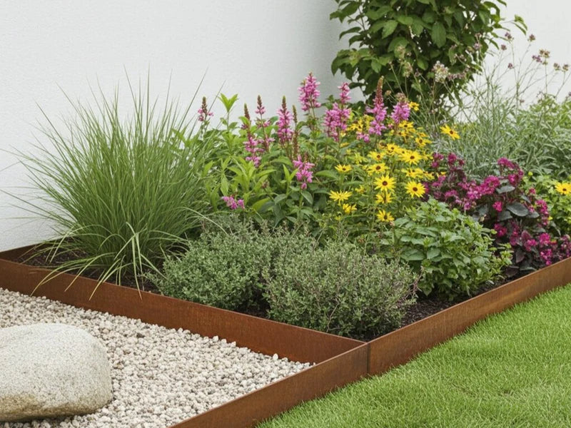 Beeteinfassung aus Cortenstahl mit Blumen und Stauden im Garten