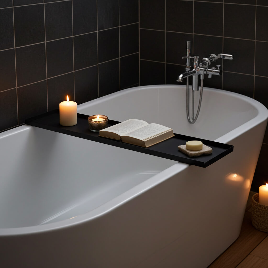 Badewannenablage aus schwarz lackiertem Stahl quer über freistehender Badewanne im hellen Badezimmer