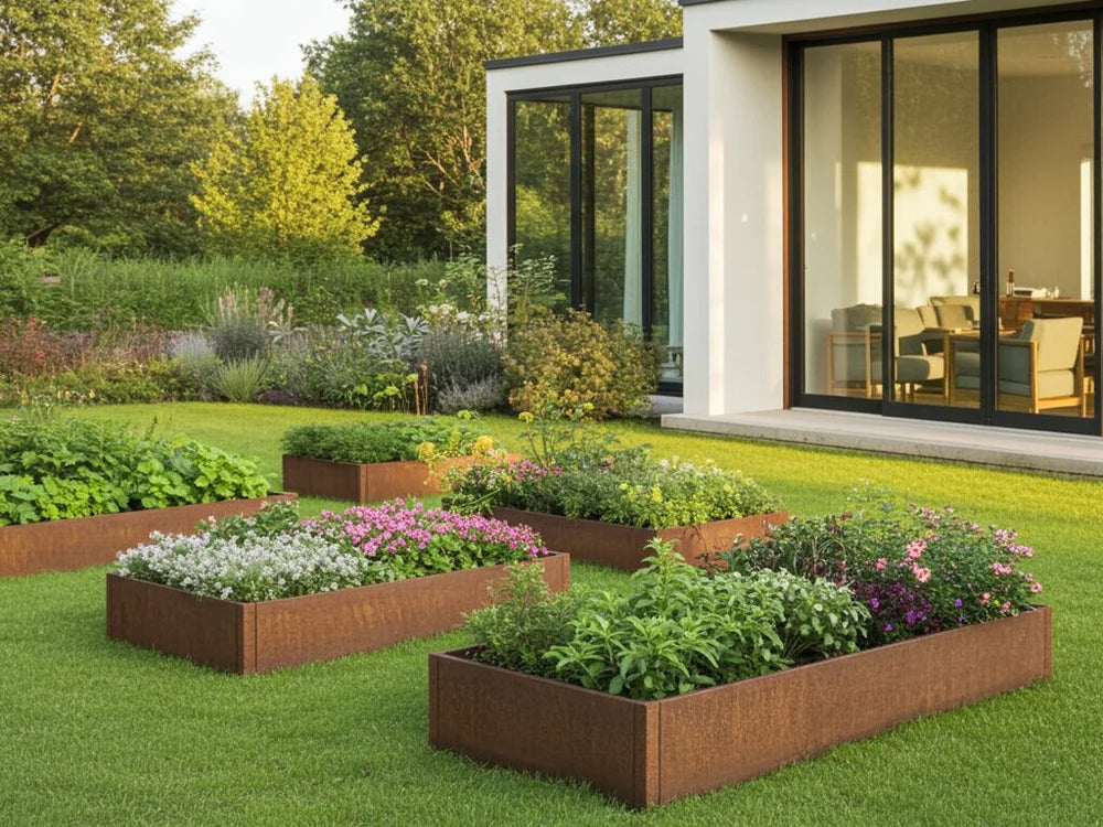 byJEMA CUBY Hochbeet aus Cortenstahl mit Blumen und Stauden im Garten