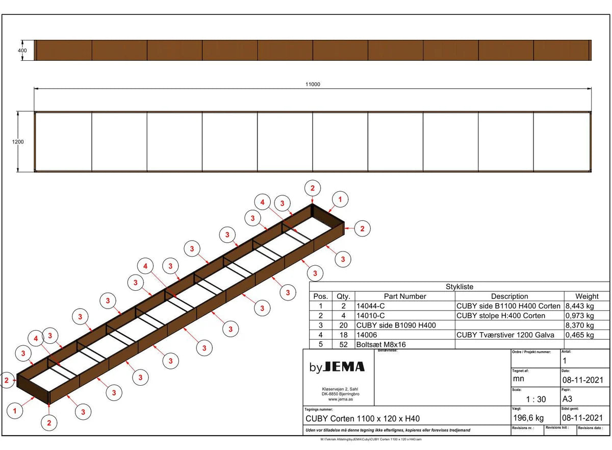 Technische Zeichnung eines byJEMA CUBY Hochbeets aus Cortenstahl nach Sondermaß