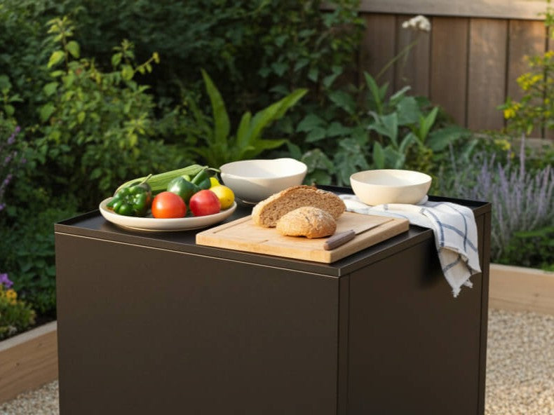 byJEMA Outdoor-Kuechentisch aus schwarz lackiertem Stahl als mobile Arbeitsflaeche im Garten