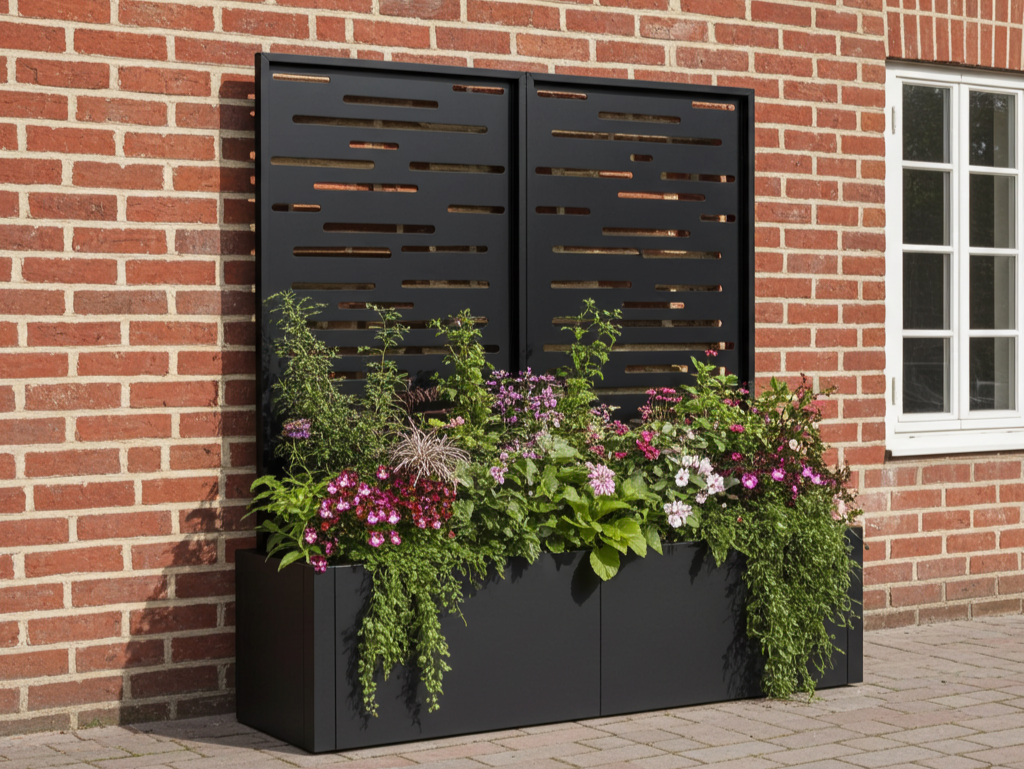 Schwarz lackierter Stahl-Pflanzkübel mit Spalier, aufgestellt an einer Ziegelfassade mit Bepflanzung.