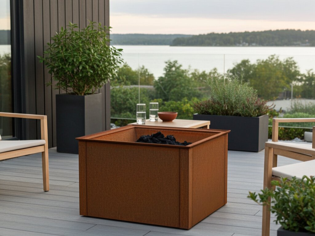 Quadratische Feuerschale aus Cortenstahl auf moderner Terrasse mit Seeblick