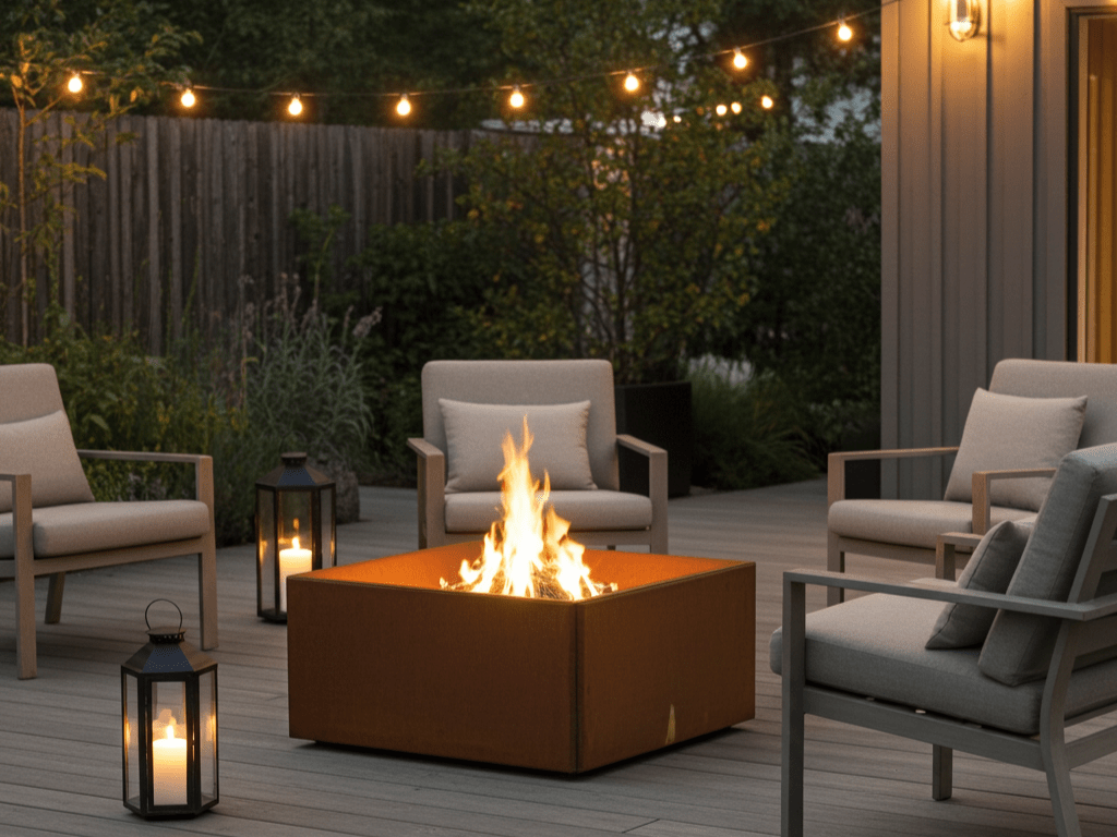 Quadratische Feuerstelle aus Cortenstahl auf Holzterrasse, umgeben von Loungesesseln, Laternen und stimmungsvoller Lichterkette am Abend