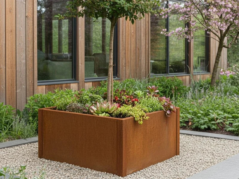 CUBY Pflanzkasten aus Cortenstahl mit kleinem Baum und Bodendeckern