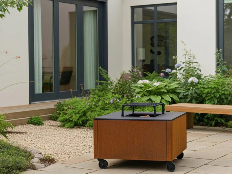 CUBY Feuergrill aus Cortenstahl im grünen Innenhof mit Pflanzen und Bank