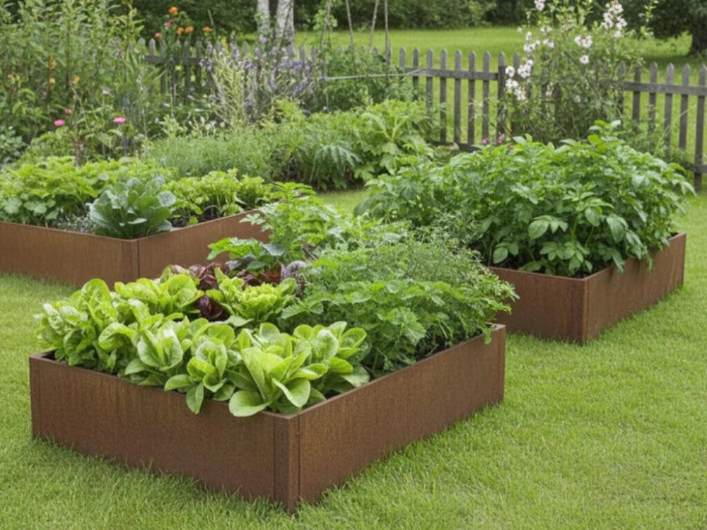 CUBY Hochbeet aus Cortenstahl mit mehreren Beeten im Gemüsegarten