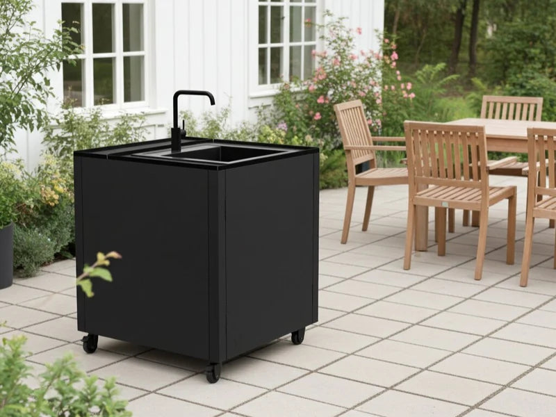 Mobiles CUBY Spülmodul in schwarzem Stahl mit Rollen