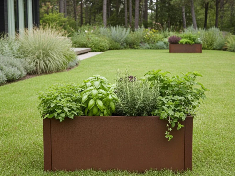 Rechteckiger Pflanzkasten aus Cortenstahl von CUBY mit Kräutern auf Rasenfläche