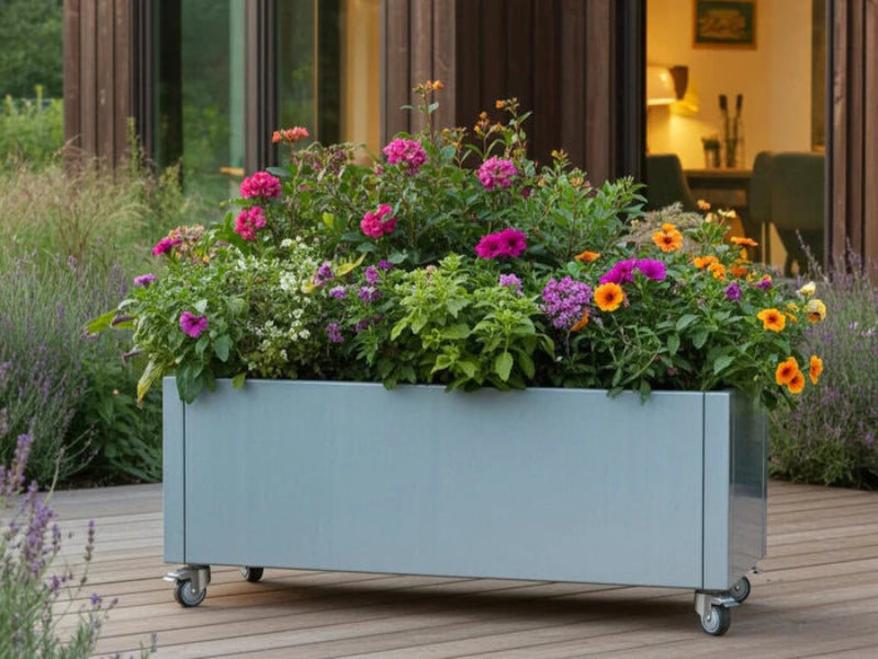 CUBY Pflanzkasten aus verzinktem Stahl auf Rollen mit bunten Blumen