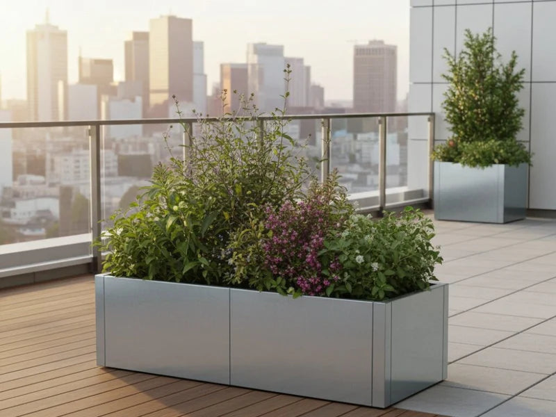 CUBY Pflanzkübel aus verzinktem Stahl mit Blumen auf Dachterrasse im Stadtumfeld