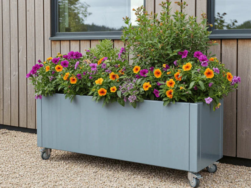 CUBY Pflanzkasten aus verzinktem Stahl mit Gartenblumen auf Rollen