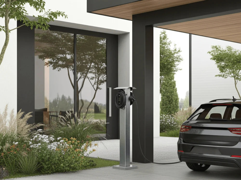 Verzinkte E-Ladestation aus Stahl neben modernem Wohnhaus mit Carport