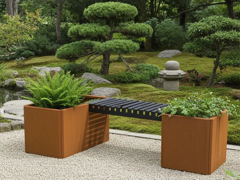 EDGY kleines Bankset aus Cortenstahl mit Pflanzkästen