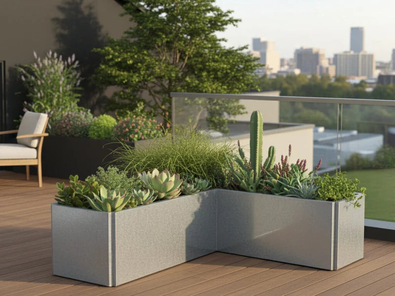 Niedriger EDGY Eck-Pflanzkübel aus verzinktem Stahl auf Dachterrasse