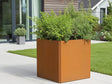 Quadratischer hoher EDGY Pflanzkübel aus Cortenstahl mit grüner Bepflanzung