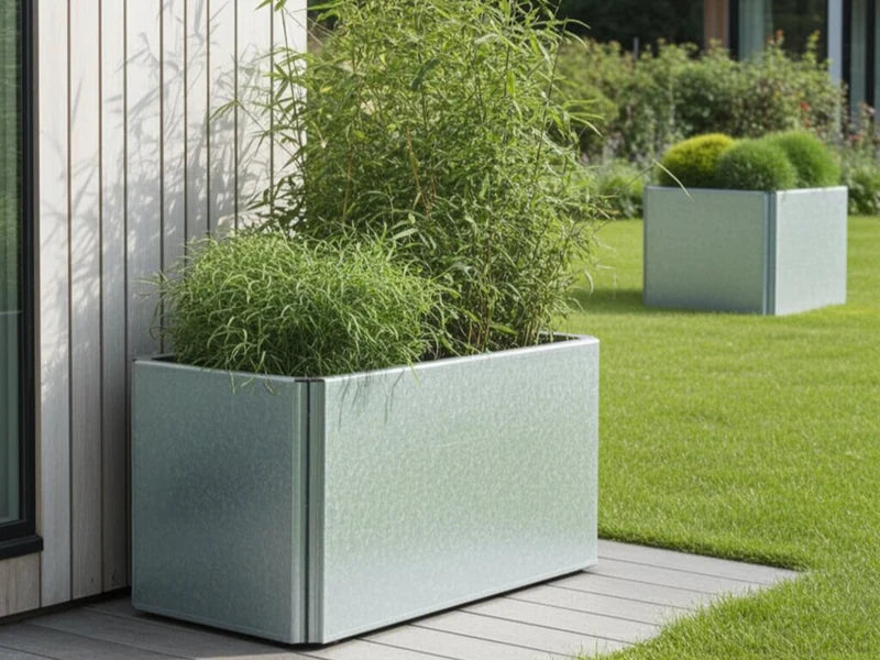 Flacher EDGY Pflanzkübel aus verzinktem Stahl zur Einfassung der Terrasse