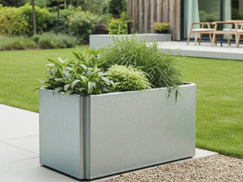 EDGY Pflanzkübel aus verzinktem Stahl als Übergang zwischen Terrasse und Rasen