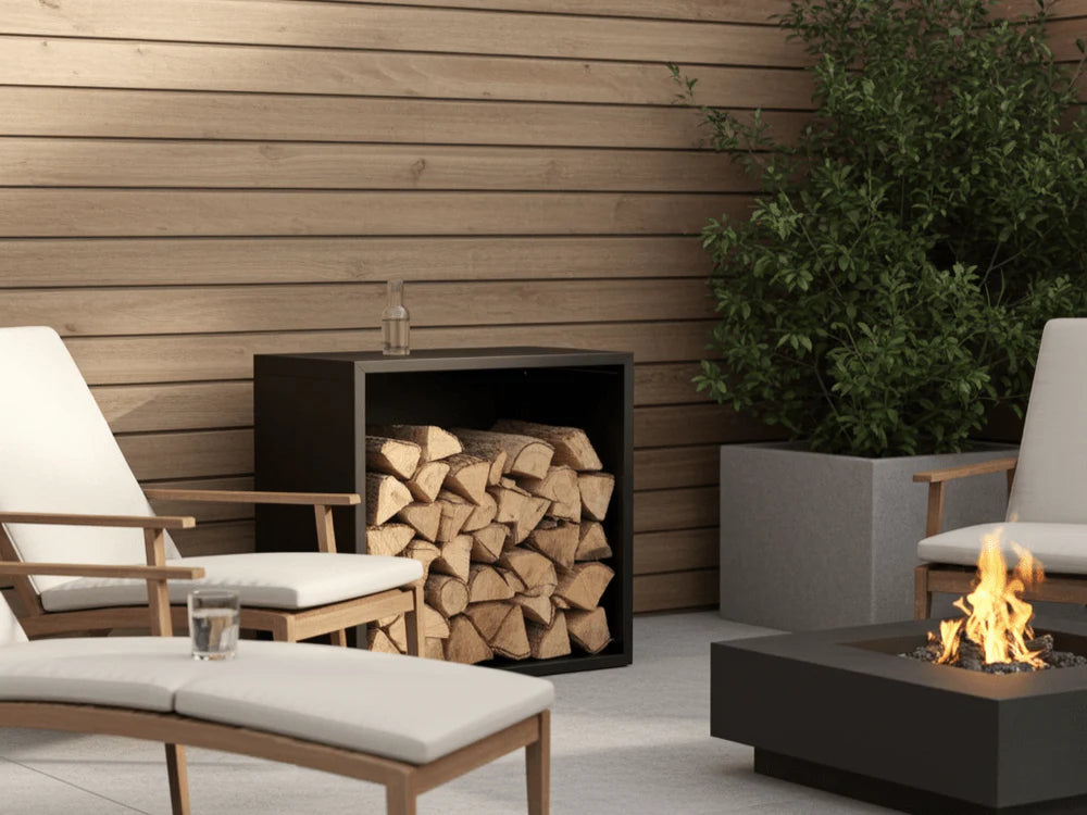 Feuerholz Aufbewahrung aus schwarz lackiertem Stahl im stilvollen Lounge-Bereich mit Feuerstelle