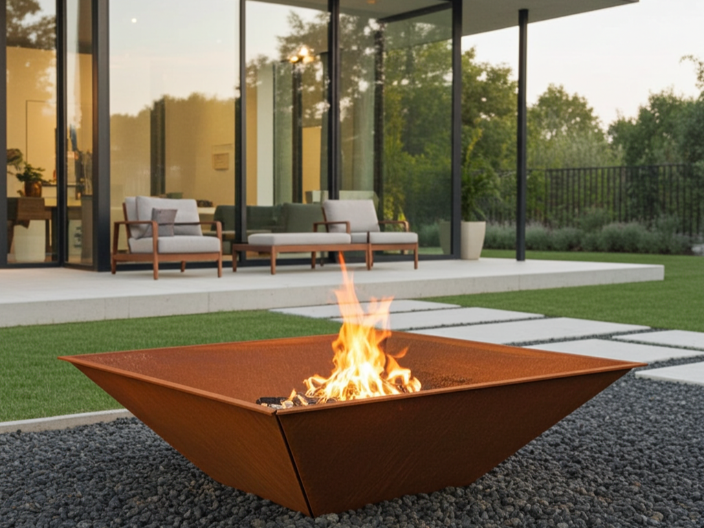 Moderne Feuerschale aus Cortenstahl mit offenem Feuer vor moderner Glasfassade im Garten.