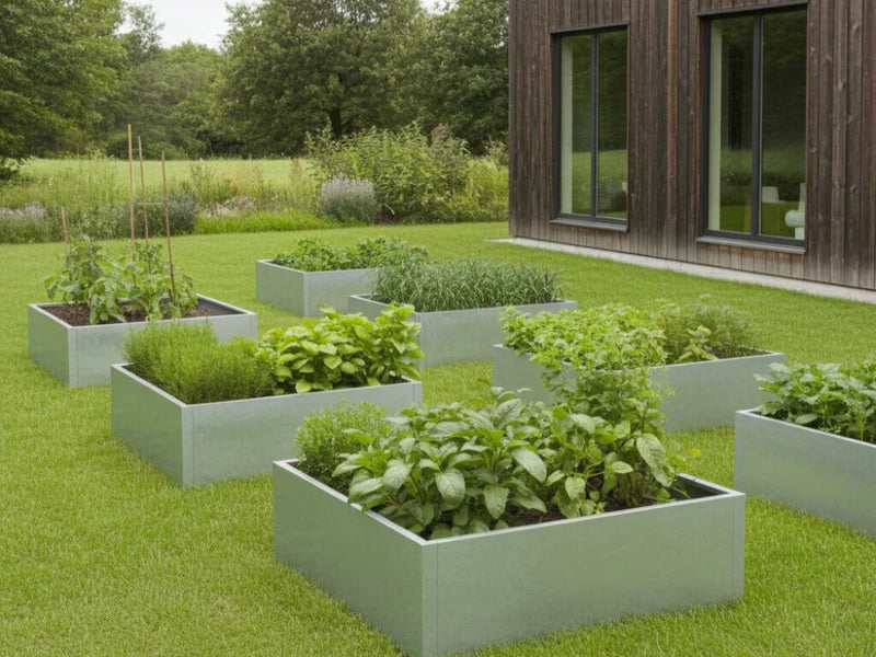 Hochbeet aus verzinktem Stahl mit Gemüse und Kräutern im Küchengarten auf Rasen
