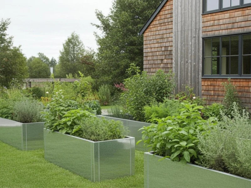 Hochbeete aus verzinktem Stahl mit Pflanzen entlang der Hausfassade im Naturgarten