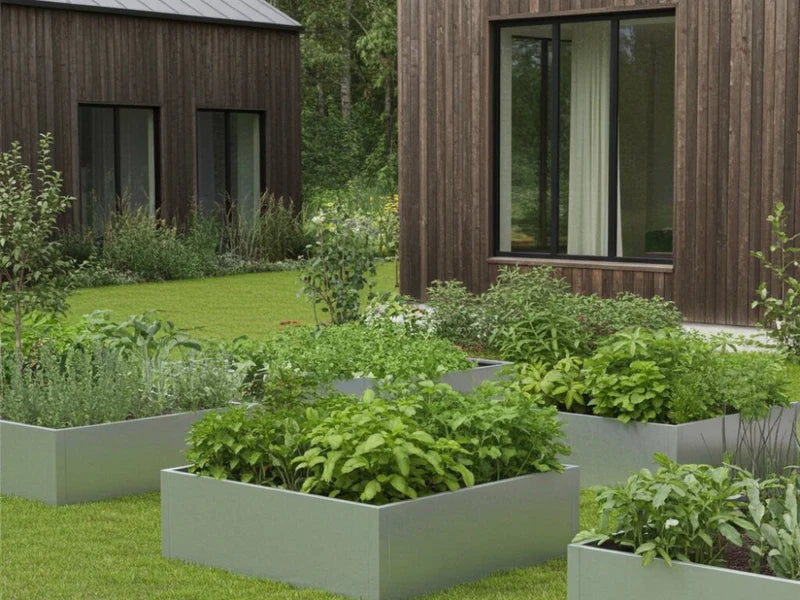 Mehrere Hochbeete aus verzinktem Stahl mit Pflanzen im modernen Villagarten