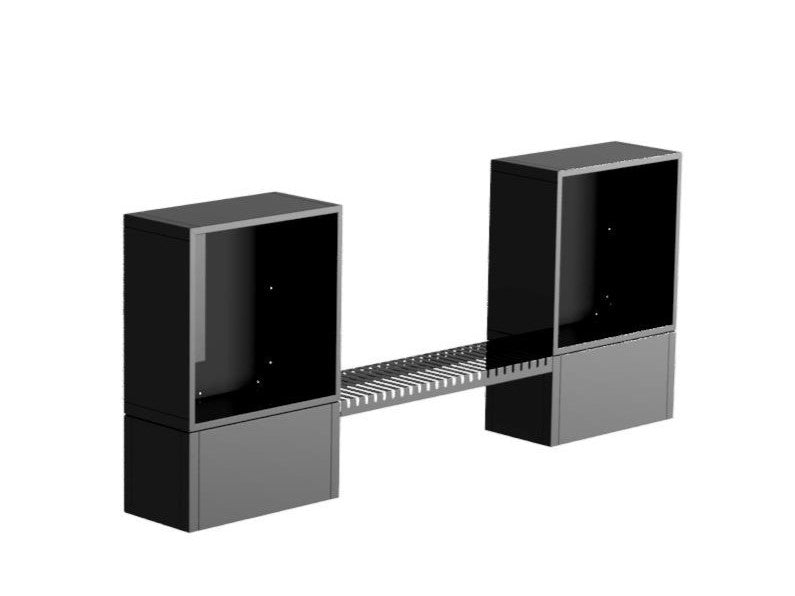 3D-Visualisierung eines Kaminholzregals aus schwarz pulverbeschichtetem Stahl mit Sitzverbindung