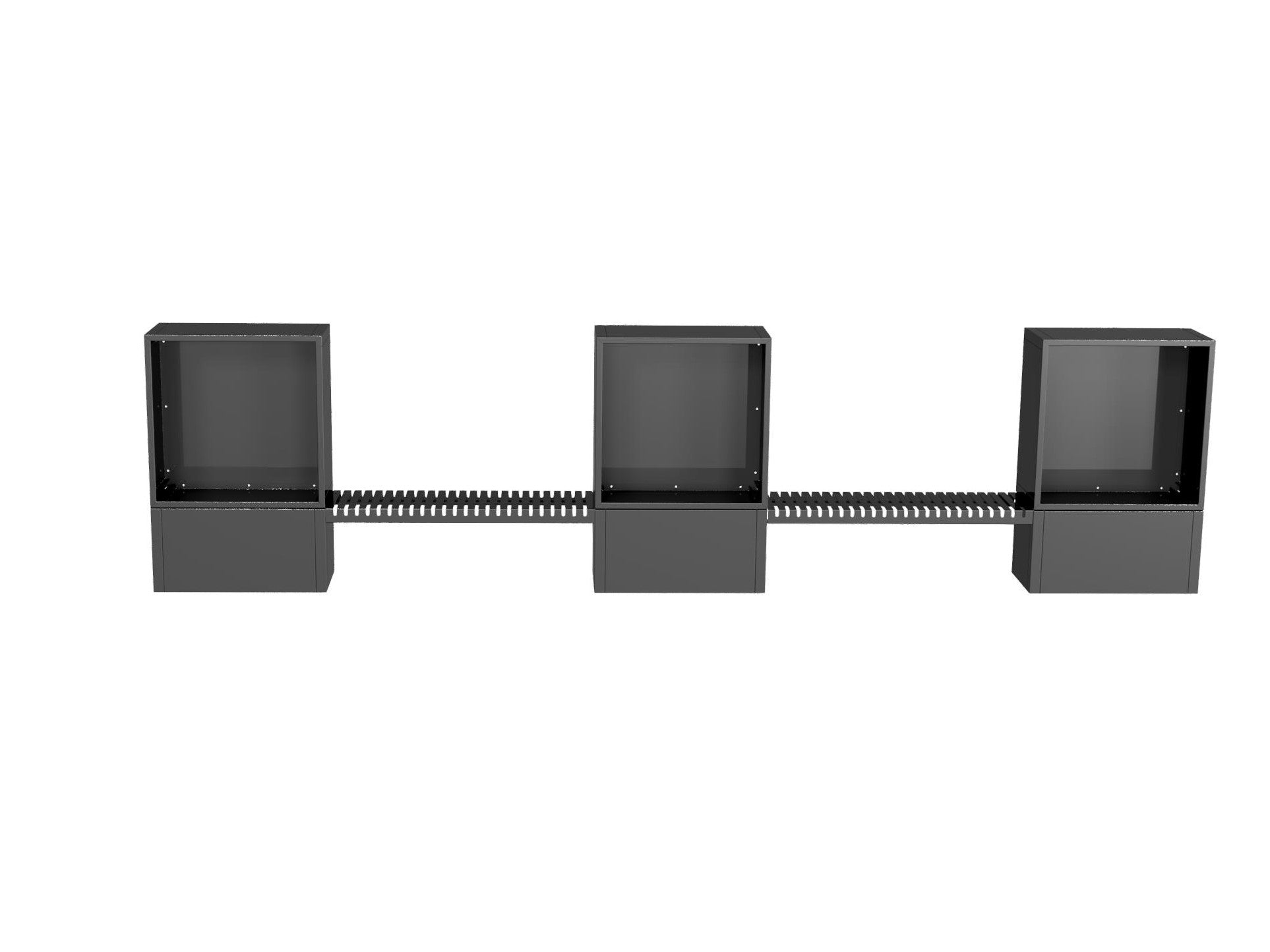 Frontansicht eines dreiteiligen Holzregals aus schwarz pulverbeschichtetem Stahl mit durchgehender Verbindung