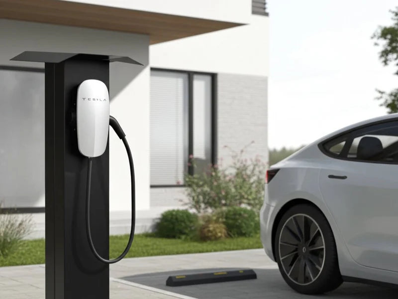 Schwarze Ladesäule für Elektroauto vor Wohnhaus