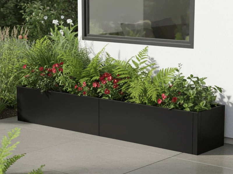 Langer Pflanzkasten aus schwarzem Stahl mit Farnen und roten Blüten